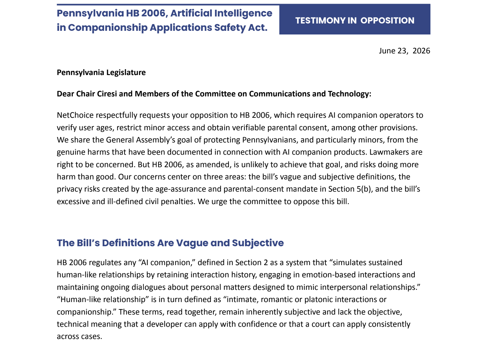 NetChoice Testimony in Opposition to PA HB 2006, Artificial Intelligence in Companionship Applications Safety Act