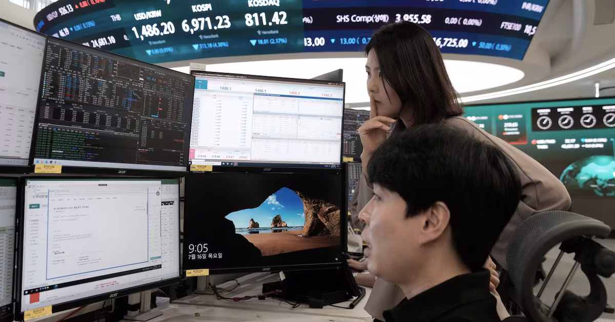 World shares mostly decline with South Korea's Kospi down 6.4%, while oil prices slip