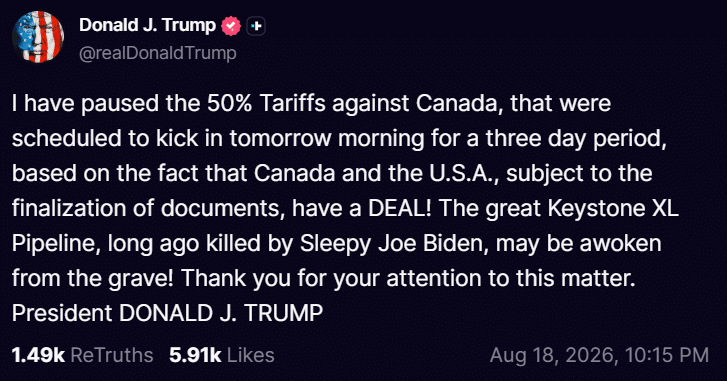 BREAKING NEWS: Trump pauses 50% Canada tariffs for three days, says deal has been reached