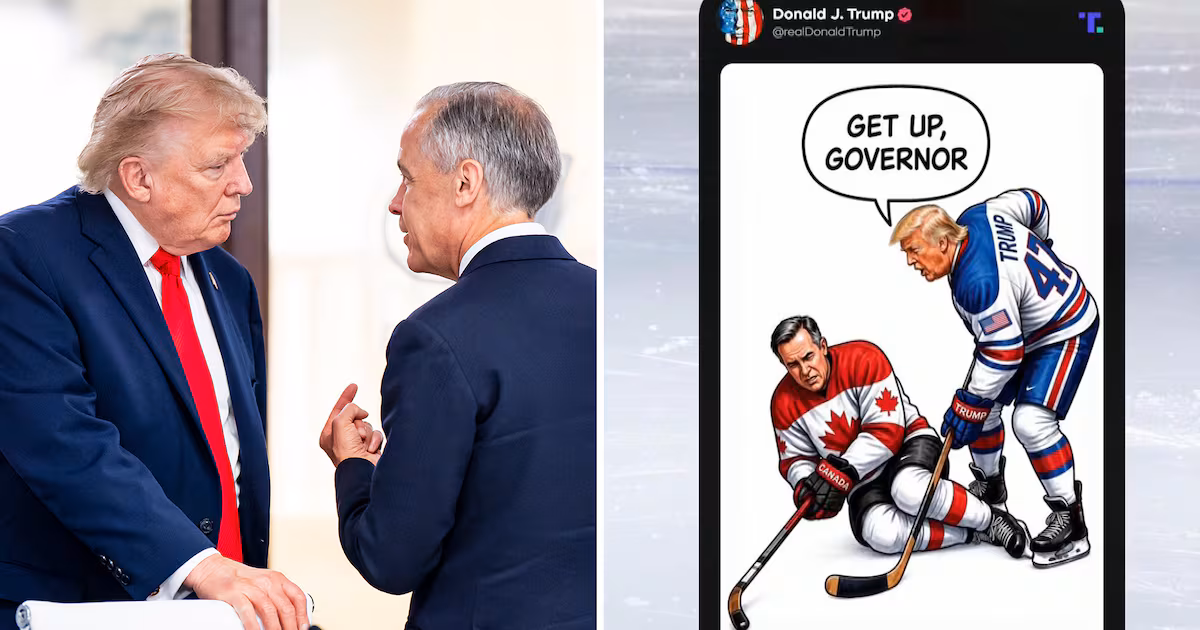 ‘Get up, governor’: Trump takes shot at PM Carney with hockey cartoon