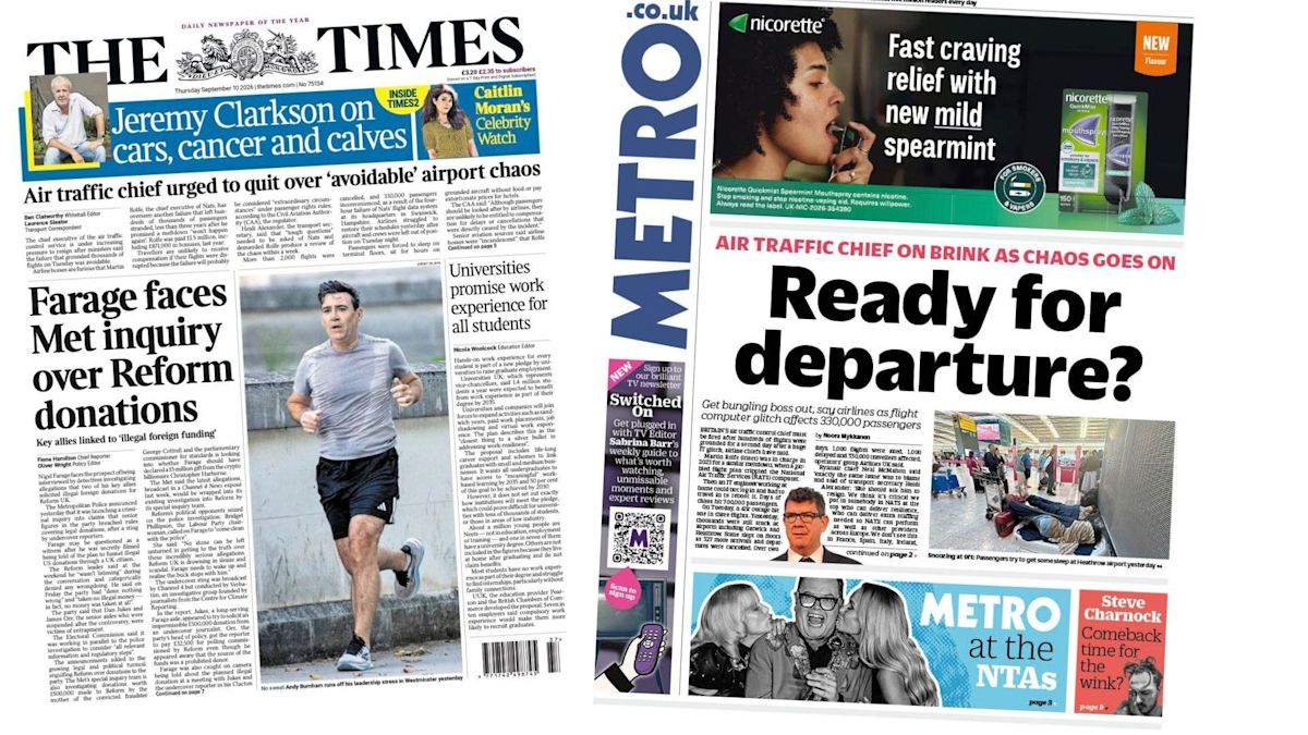 'Farage faces Met inquiry' and 'Ready for departure?'